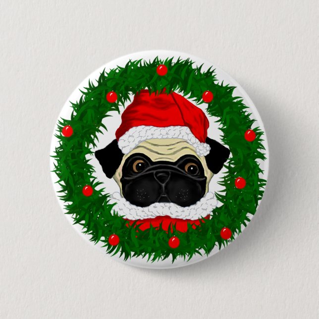 Cute Christmas Pug Santa in Wreath 6 Cm Round Badge (Front)