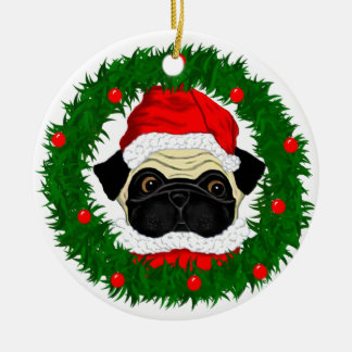 Cute Christmas Pug Santa in Wreath Ceramic Tree Decoration