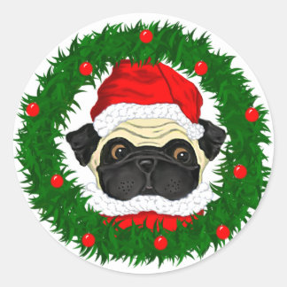 Cute Christmas Pug Santa in Wreath Classic Round Sticker