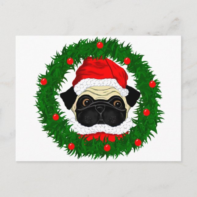 Cute Christmas Pug Santa in Wreath Holiday Postcard (Front)