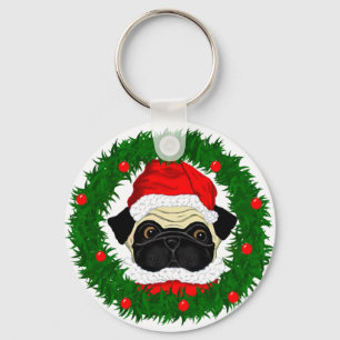 Cute Christmas Pug Santa in Wreath Key Ring