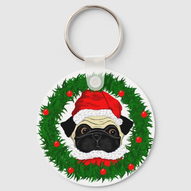 Cute Christmas Pug Santa in Wreath Key Ring (Front)
