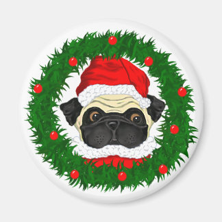 Cute Christmas Pug Santa in Wreath Magnet