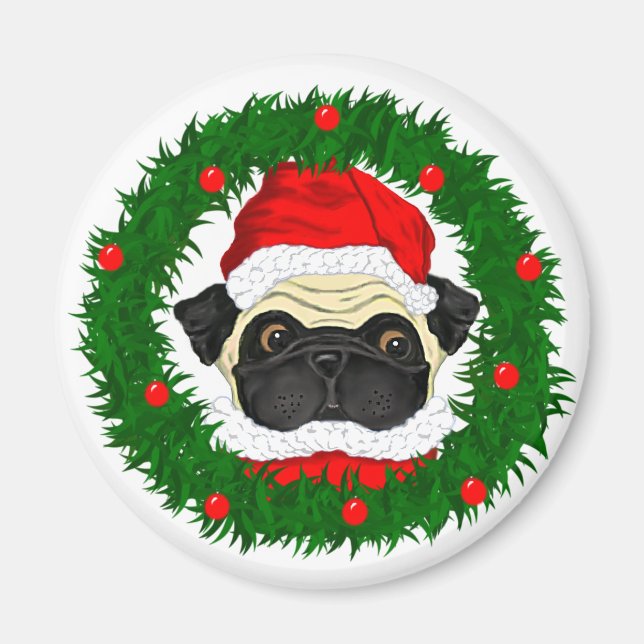 Cute Christmas Pug Santa in Wreath Magnet (Front)