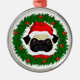 Cute Christmas Pug Santa in Wreath Metal Tree Decoration
