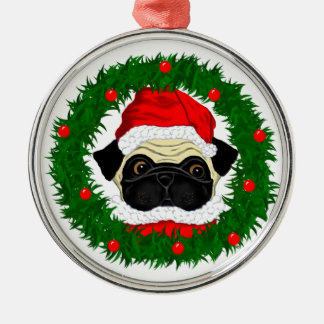 Cute Christmas Pug Santa in Wreath Metal Tree Decoration