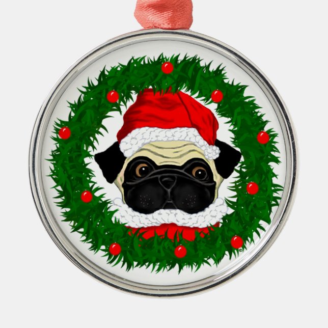 Cute Christmas Pug Santa in Wreath Metal Tree Decoration (Front)
