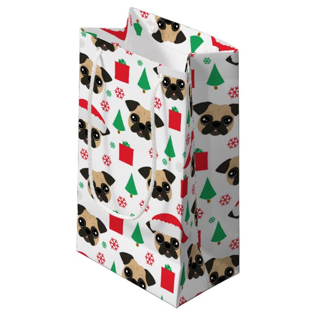 Cute Christmas Pug Small Gift Bag (Front Angled)