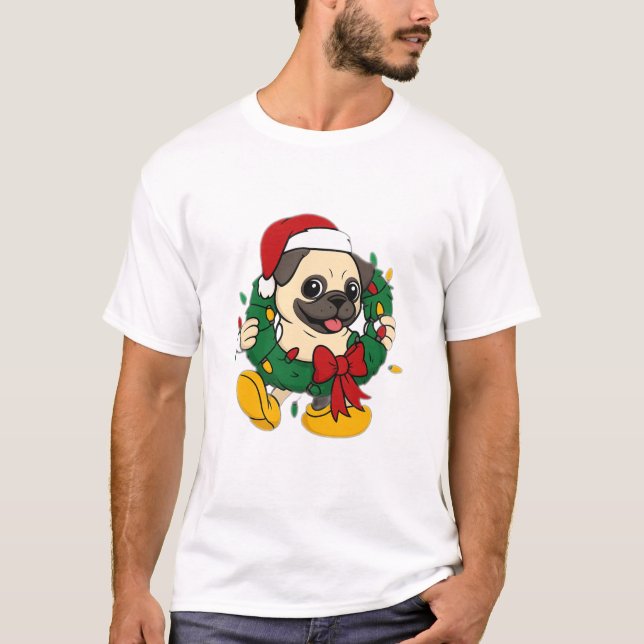 Cute Christmas Pug with Festive Wreath T-Shirt (Front)