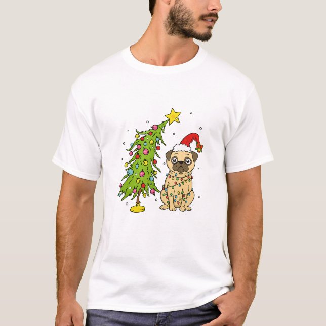 Cute Christmas Pug Wrapped in Holiday Lights T-Shirt (Front)
