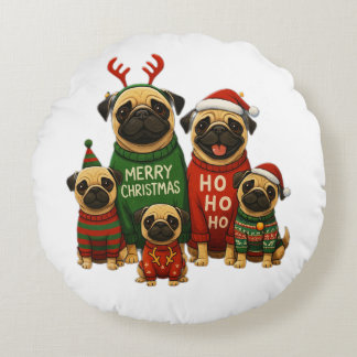 🎄 Cute Christmas Pugs in Festive Sweaters Round Cushion
