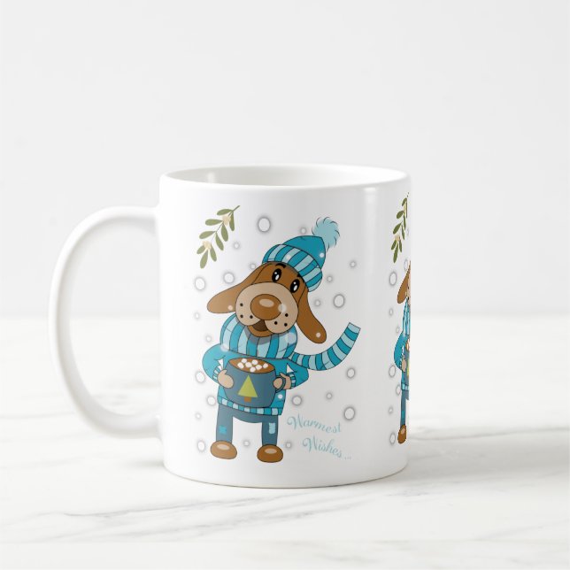 Cute Christmas Pup Drinking Hot Cocoa Holiday Mug (Left)