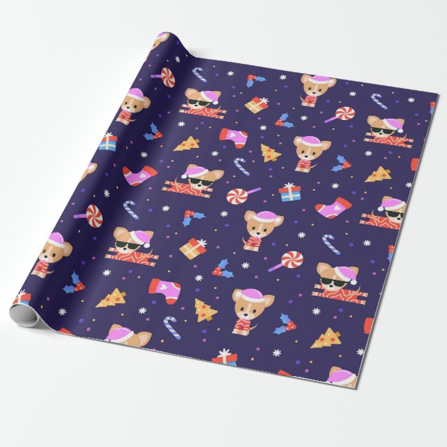 Cute  Christmas Pup Wrapping Paper (Unrolled)