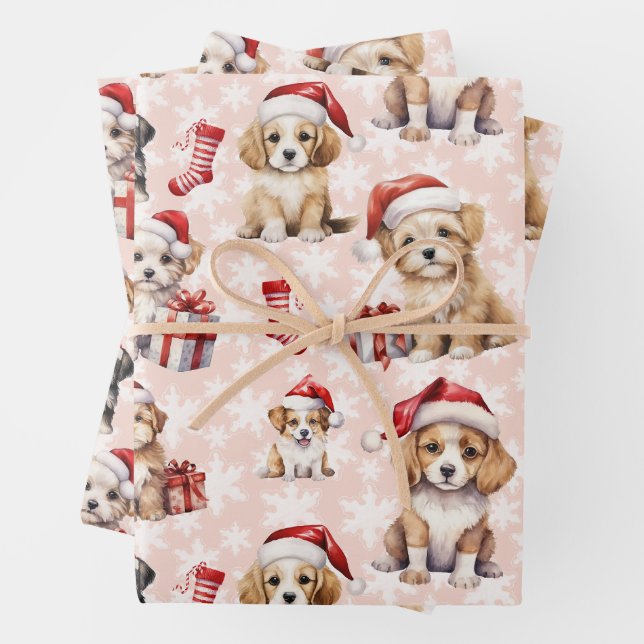 Cute Christmas Puppies and Stockings  Wrapping Paper Sheet (In situ)