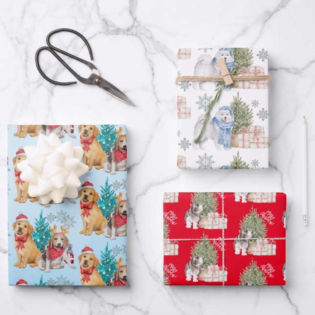Cute Christmas puppies with gifts Wrapping Paper Sheet (Front)