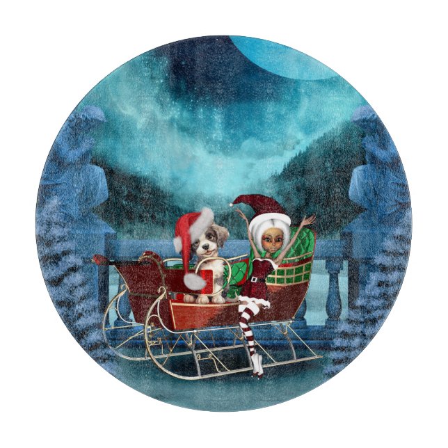 Cute christmas puppy and elf cutting board (Front)
