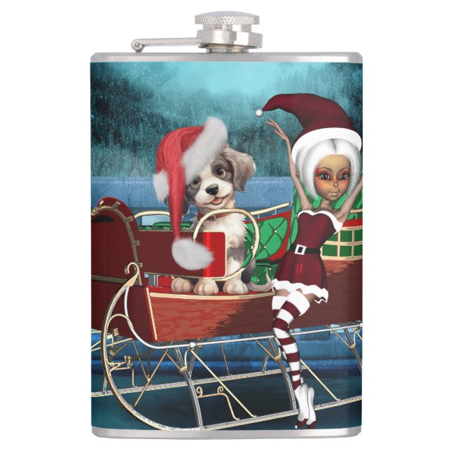 Cute christmas puppy and elf hip flask (Front)