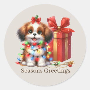 Cute Christmas puppy customisable Seasons Greeting Classic Round Sticker