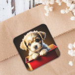 Cute Christmas Puppy Dog in a Gift Box Square Sticker<br><div class="desc">Adorable puppy dog sitting in a Christmas gift box holiday stickers.</div>