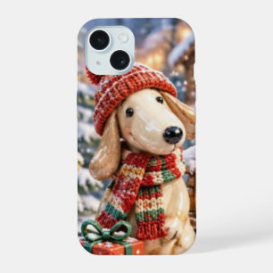 Cute Christmas Puppy Dog in Winter Knit Hat iPhone 15 Case