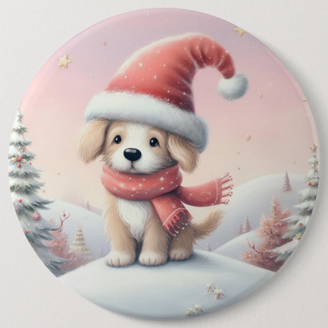 Cute Christmas puppy in santa hat 6 Cm Round Badge (Front)