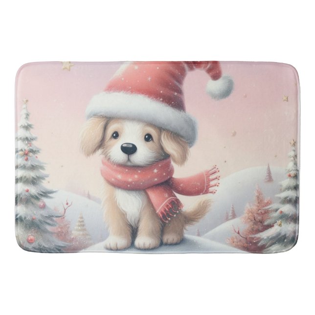 Cute Christmas puppy in santa hat Bath Mat (Front)