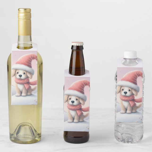 Cute Christmas puppy in santa hat Bottle Tag (In Situ)
