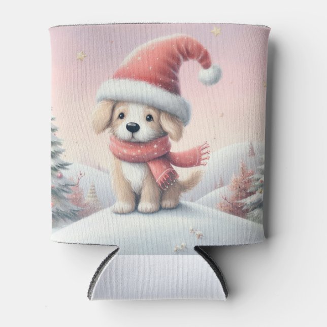 Cute Christmas puppy in santa hat Can Cooler (Front)