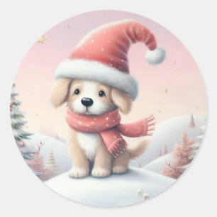 Cute Christmas puppy in santa hat Classic Round Sticker