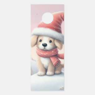 Cute Christmas puppy in santa hat Door Hanger