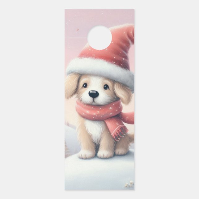 Cute Christmas puppy in santa hat Door Hanger (Front)