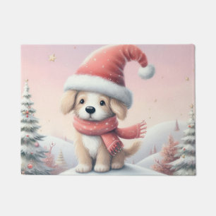 Cute Christmas puppy in santa hat Doormat