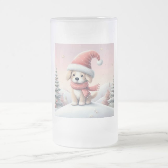 Cute Christmas puppy in santa hat Frosted Glass Beer Mug (Center)