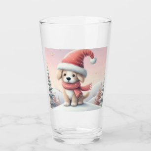 Cute Christmas puppy in santa hat Glass