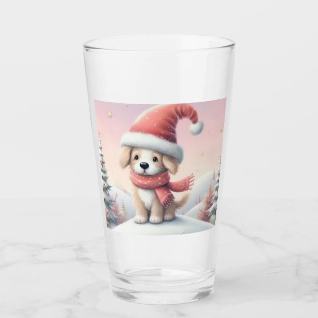 Cute Christmas puppy in santa hat Glass (Front)