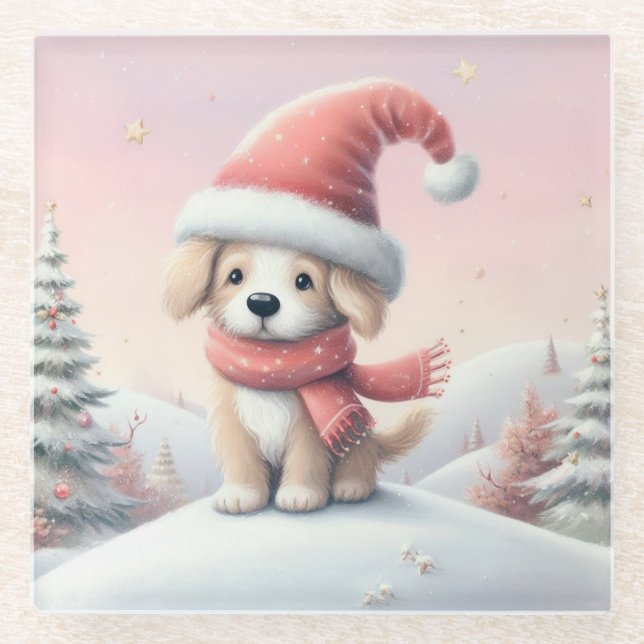 Cute Christmas puppy in santa hat Glass Coaster (Front)