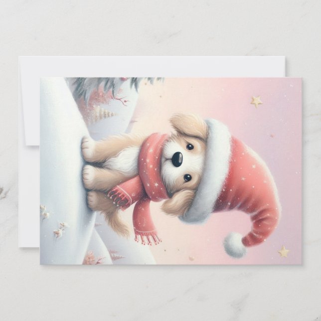 Cute Christmas puppy in santa hat Holiday Card (Front)