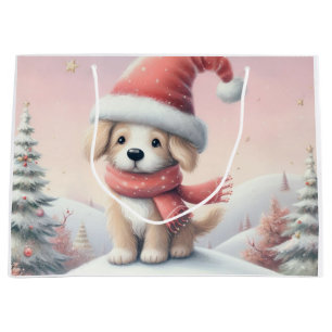 Cute Christmas puppy in santa hat Large Gift Bag