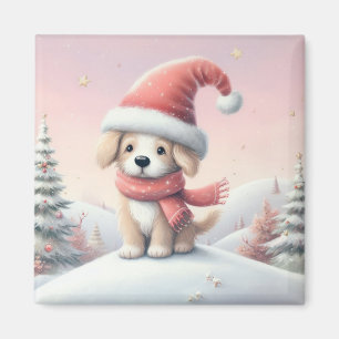 Cute Christmas puppy in santa hat Magnet