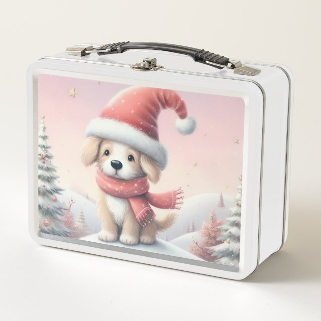 Cute Christmas puppy in santa hat Metal Lunch Box (Front)