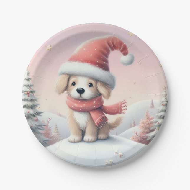 Cute Christmas puppy in santa hat Paper Plate (Front)