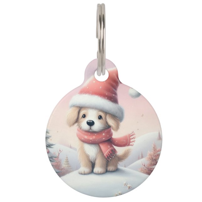 Cute Christmas puppy in santa hat Pet Tag (Front)