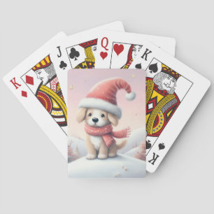 Cute Christmas puppy in santa hat Playing Cards