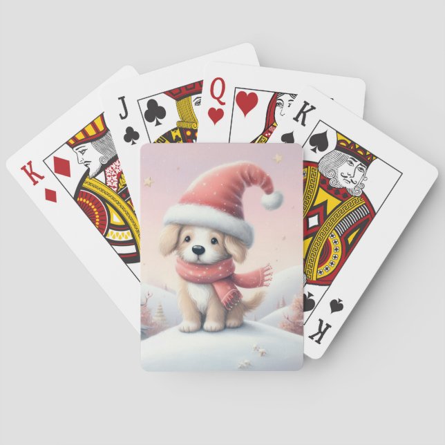 Cute Christmas puppy in santa hat Playing Cards (Back)