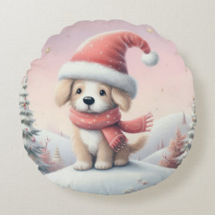 Cute Christmas puppy in santa hat Round Cushion