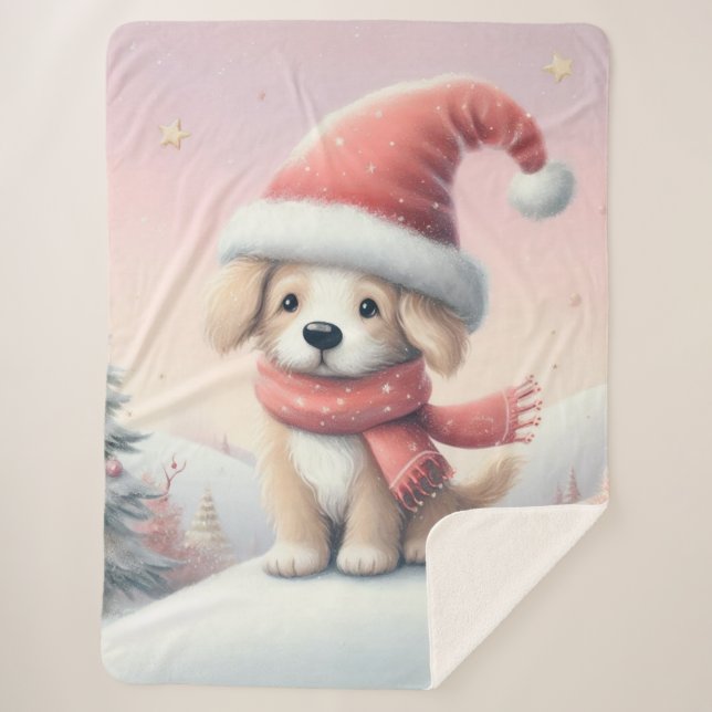 Cute Christmas puppy in santa hat Sherpa Blanket (Front)