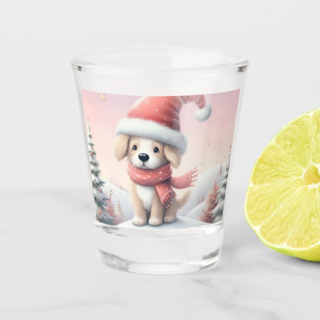 Cute Christmas puppy in santa hat Shot Glass (Front)