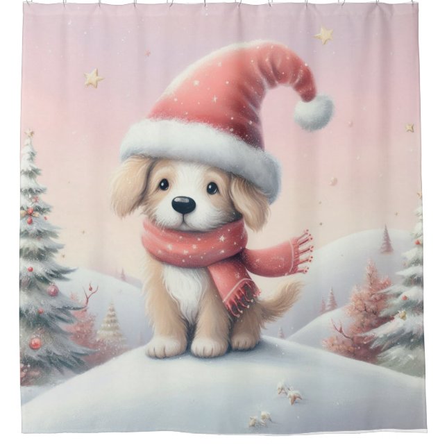 Cute Christmas puppy in santa hat Shower Curtain (Front)