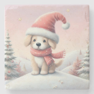 Cute Christmas puppy in santa hat Stone Coaster