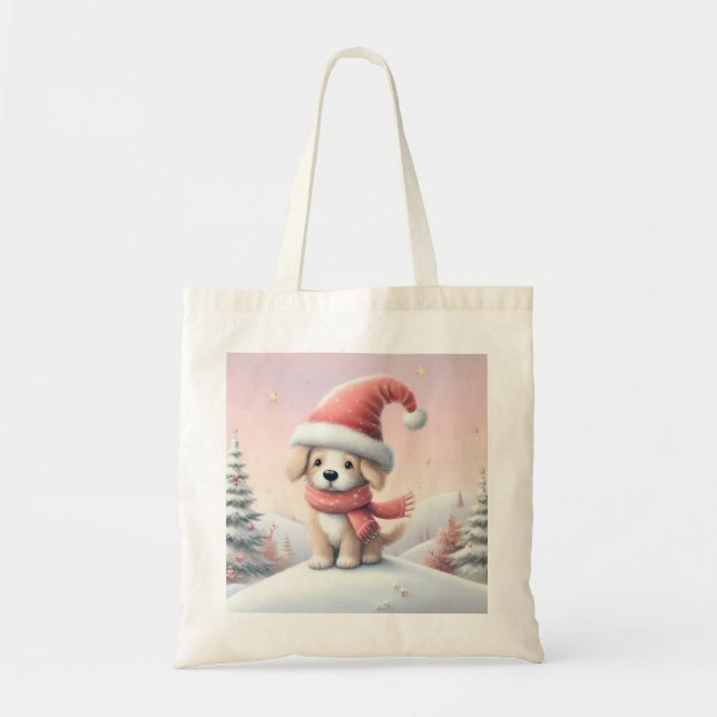 Cute Christmas puppy in santa hat Tote Bag (Front)
